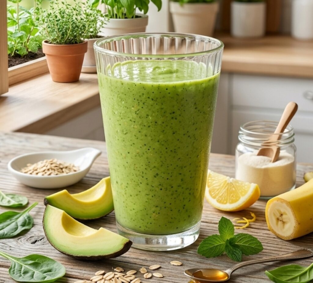 Grüner Smoothie mit Avocado, Banane und Spinat im Glas