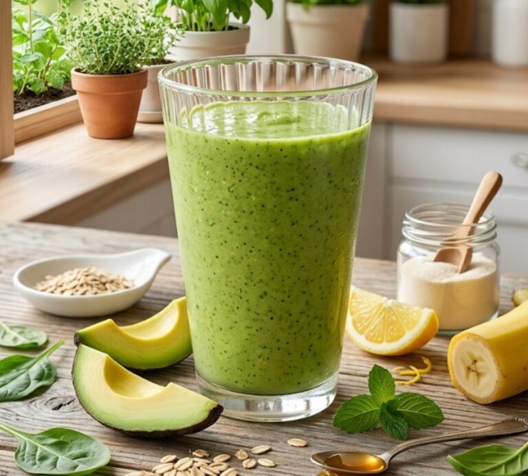 Grüner Smoothie mit Avocado, Banane und Spinat im Glas