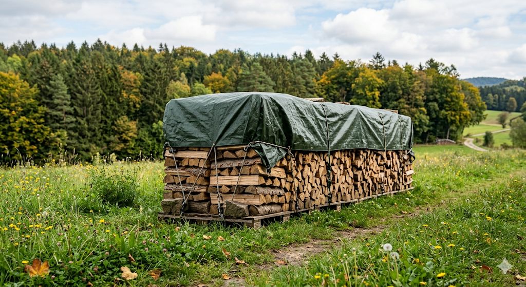 Gestapeltes Brennholz auf dem Matzerhof, geschützt mit Plane auf einer Wiese – nachhaltige Holzlagerung aus regionaler Landwirtschaft
